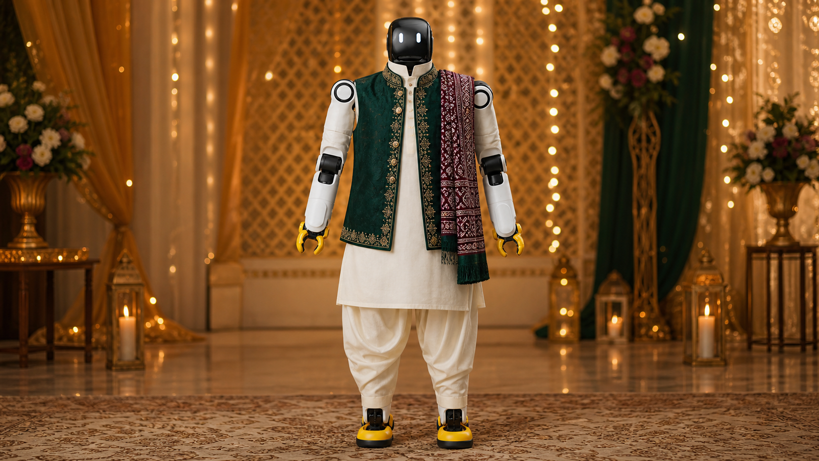 Concept visualization of a humanoid robot in Pakistani formal clothing at a cultural event