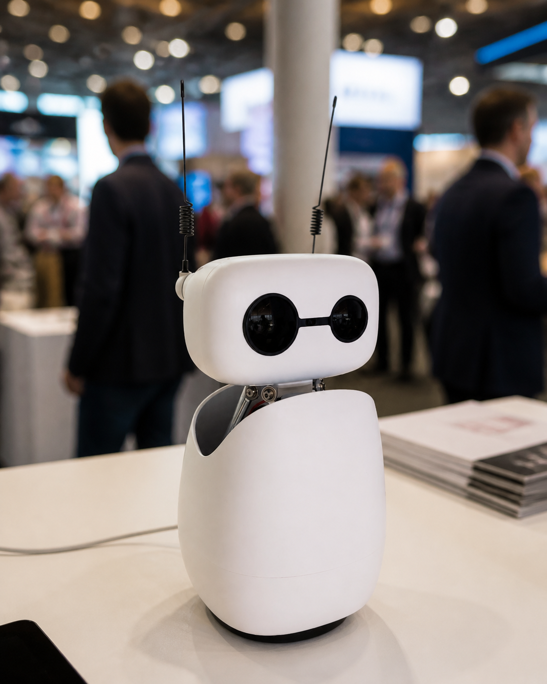 Catchy Bot tabletop AI assistant at a conference booth